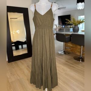 Nicole Miller Olive Green Tier Linen Maxi Dress. Size Extra Small